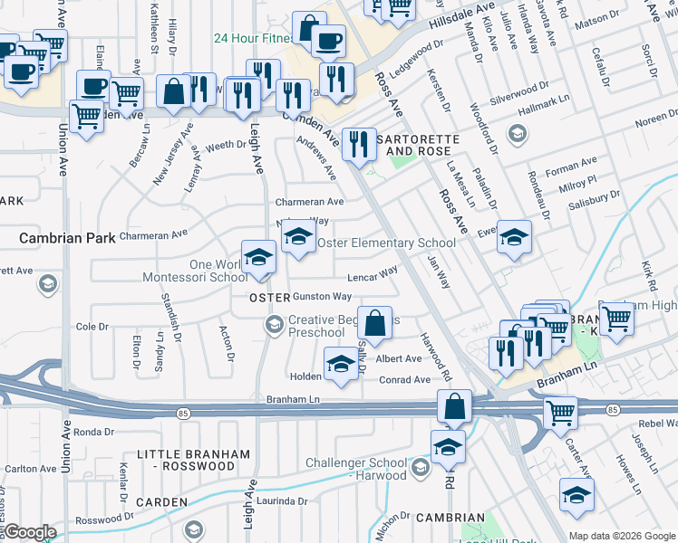 map of restaurants, bars, coffee shops, grocery stores, and more near 1830 Lencar Way in San Jose