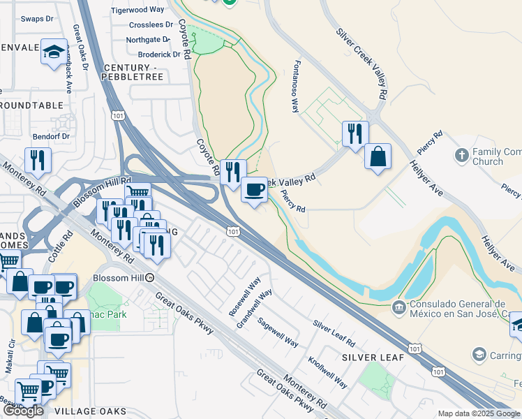 map of restaurants, bars, coffee shops, grocery stores, and more near 5855 Silver Creek Valley Place in San Jose