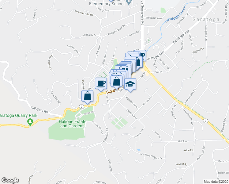 map of restaurants, bars, coffee shops, grocery stores, and more near 14602 Big Basin Way in Saratoga