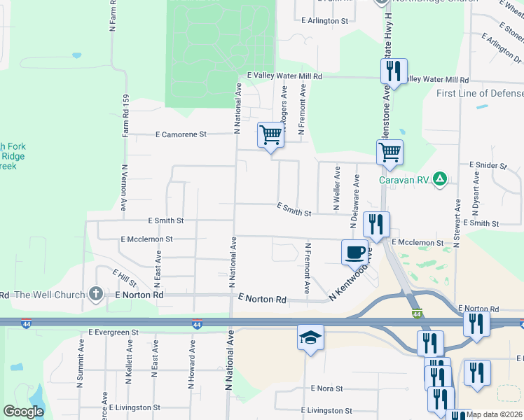 map of restaurants, bars, coffee shops, grocery stores, and more near 1228 East Smith Street in Springfield