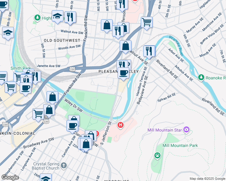 map of restaurants, bars, coffee shops, grocery stores, and more near 3 Riverside Circle in Roanoke
