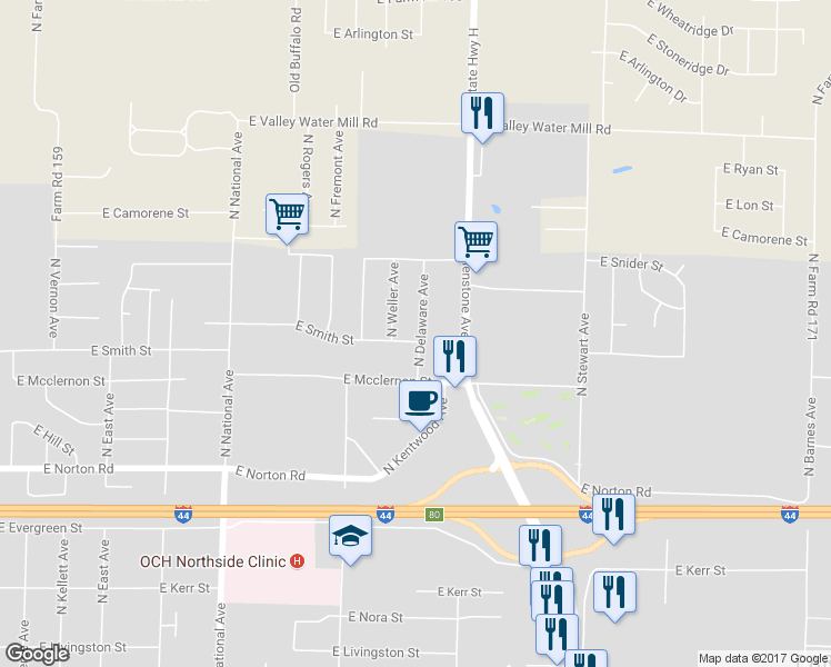 map of restaurants, bars, coffee shops, grocery stores, and more near 1529 East Smith Street in Springfield