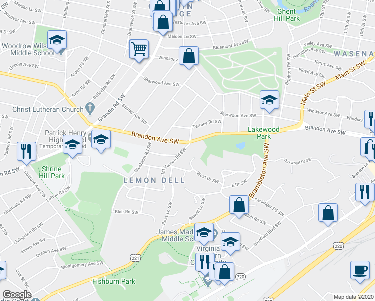 map of restaurants, bars, coffee shops, grocery stores, and more near 2018 Mount Vernon Road Southwest in Roanoke