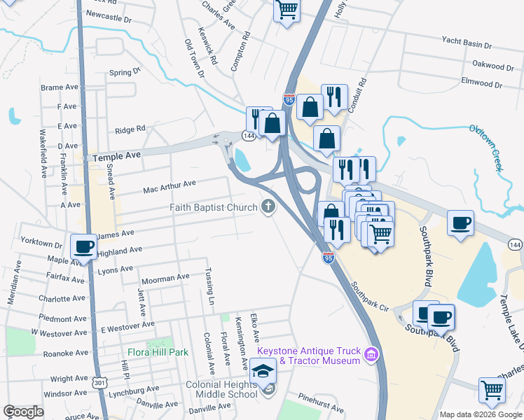 map of restaurants, bars, coffee shops, grocery stores, and more near 1226 West Roslyn Road in Colonial Heights
