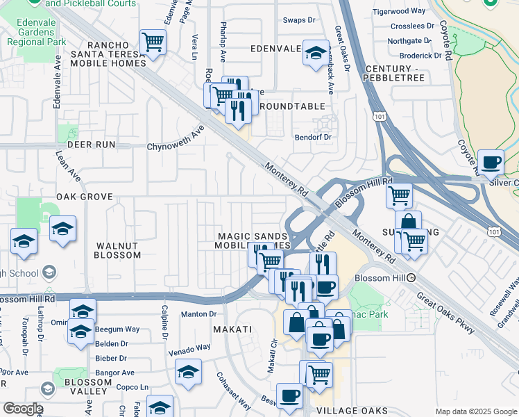 map of restaurants, bars, coffee shops, grocery stores, and more near 457 Lily Ann Way in San Jose