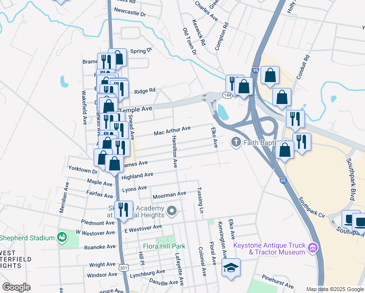 map of restaurants, bars, coffee shops, grocery stores, and more near 411 Walnut Avenue in Colonial Heights