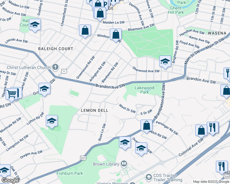 map of restaurants, bars, coffee shops, grocery stores, and more near 2018 Mount Vernon Road Southwest in Roanoke
