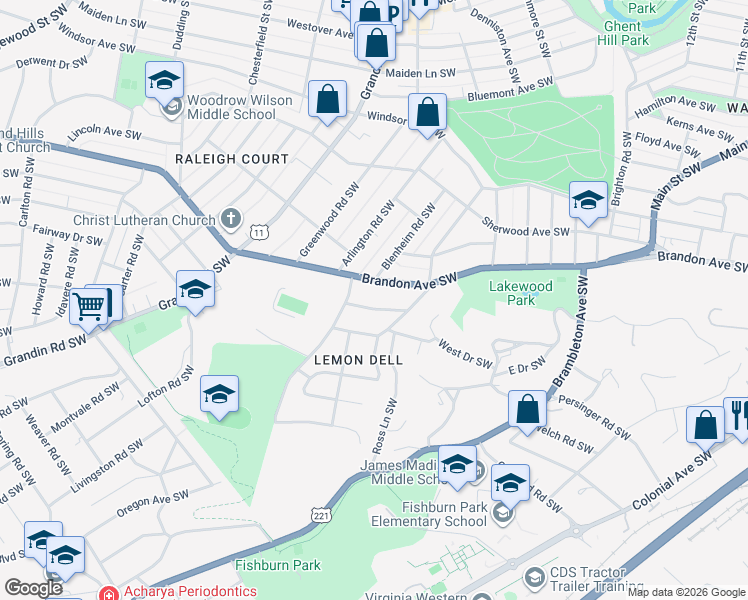 map of restaurants, bars, coffee shops, grocery stores, and more near 1615-1619 Center Hill Drive Southwest in Roanoke