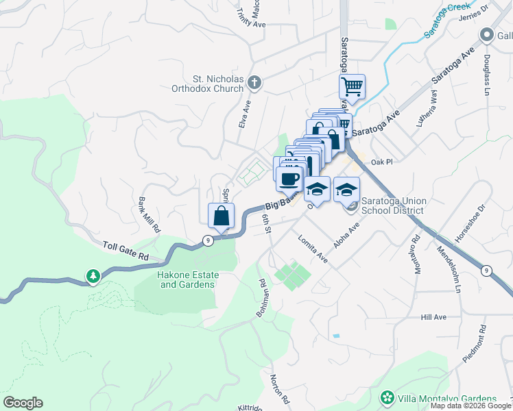 map of restaurants, bars, coffee shops, grocery stores, and more near 14665 Big Basin Way in Saratoga