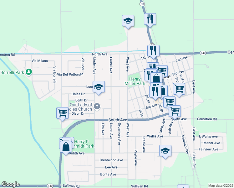 map of restaurants, bars, coffee shops, grocery stores, and more near 375 Sycamore Avenue in Gustine