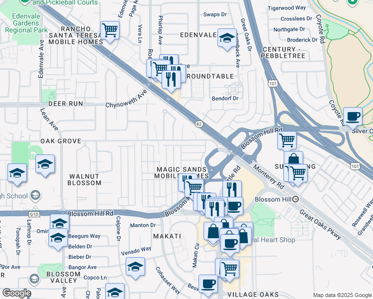 map of restaurants, bars, coffee shops, grocery stores, and more near 165 Blossom Hill Road in San Jose