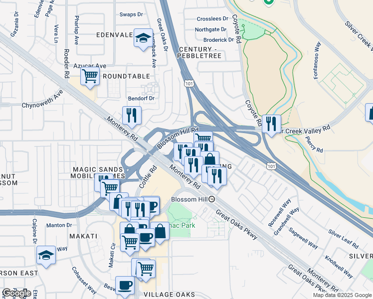 map of restaurants, bars, coffee shops, grocery stores, and more near 5500 Monterey Road in San Jose