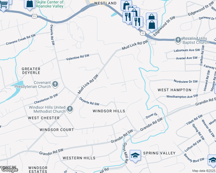 map of restaurants, bars, coffee shops, grocery stores, and more near 3436 Brymoor Road Southwest in Roanoke