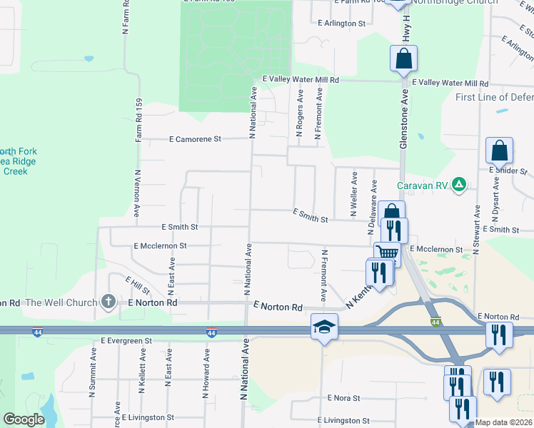 map of restaurants, bars, coffee shops, grocery stores, and more near 1228 East Smith Street in Springfield