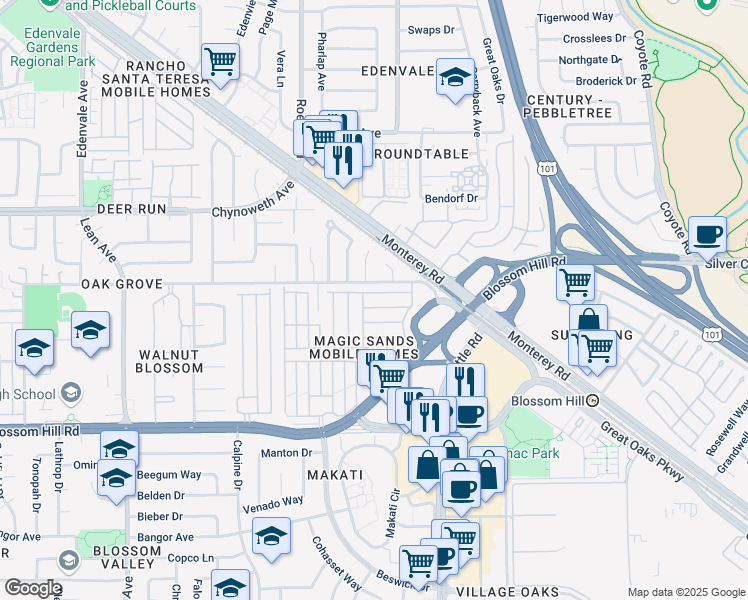 map of restaurants, bars, coffee shops, grocery stores, and more near 457 Lily Ann Way in San Jose