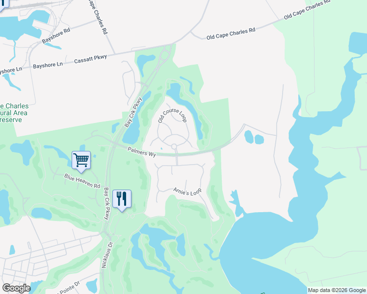 map of restaurants, bars, coffee shops, grocery stores, and more near 270 Old Course Loop in Cape Charles