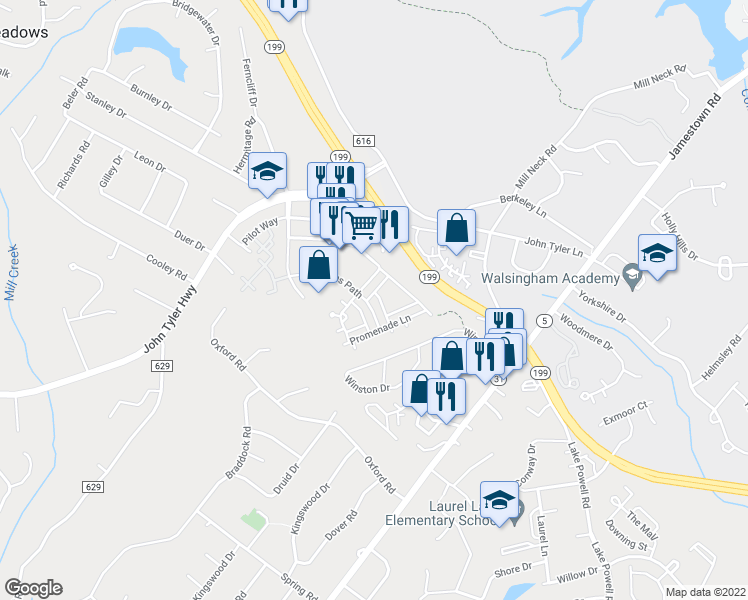 map of restaurants, bars, coffee shops, grocery stores, and more near 5294 John Tyler Highway in Williamsburg