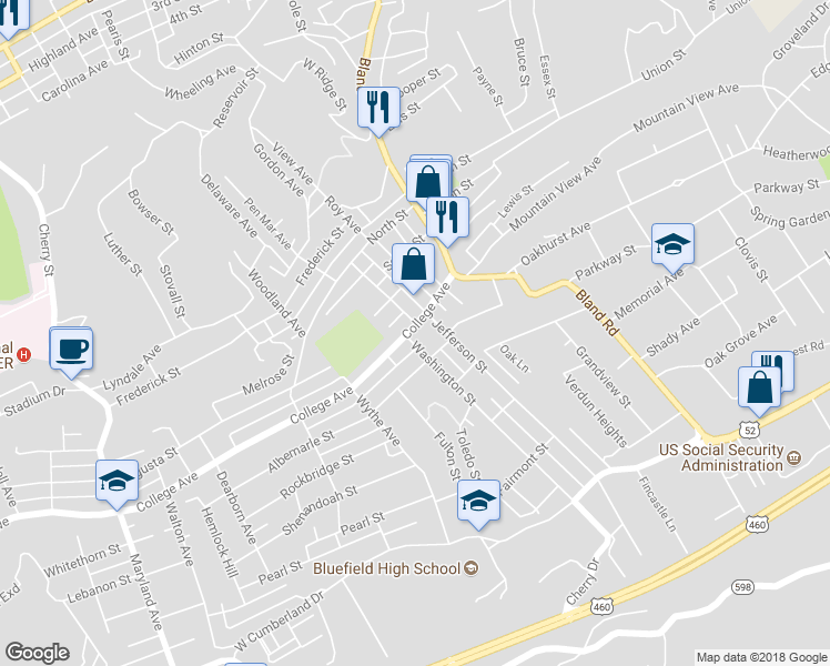 map of restaurants, bars, coffee shops, grocery stores, and more near 317 College Avenue in Bluefield