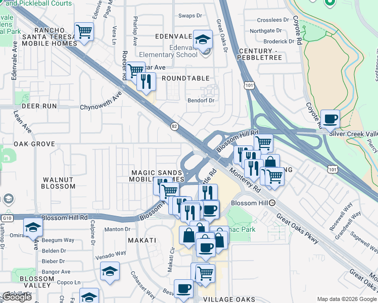map of restaurants, bars, coffee shops, grocery stores, and more near 15 Cottle Road in San Jose