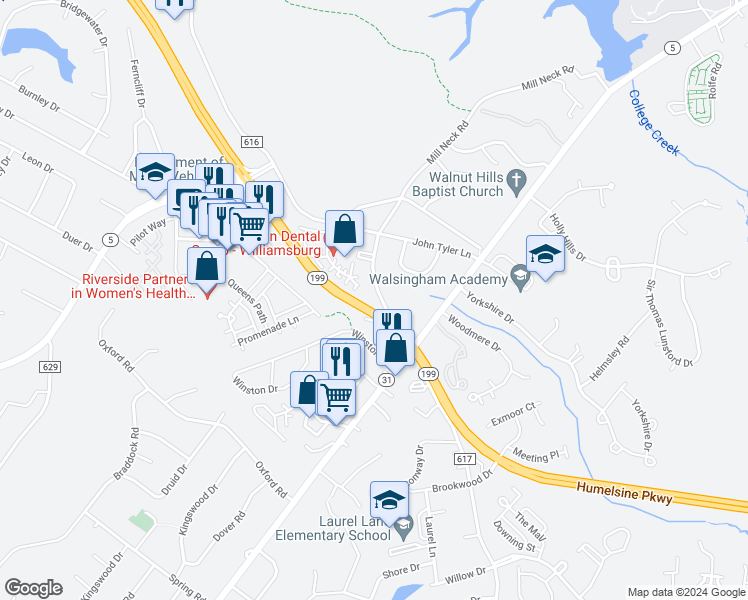 map of restaurants, bars, coffee shops, grocery stores, and more near 521 Mill Neck Road in Williamsburg