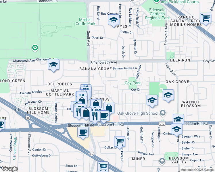 map of restaurants, bars, coffee shops, grocery stores, and more near 305 Tradewinds Drive in San Jose