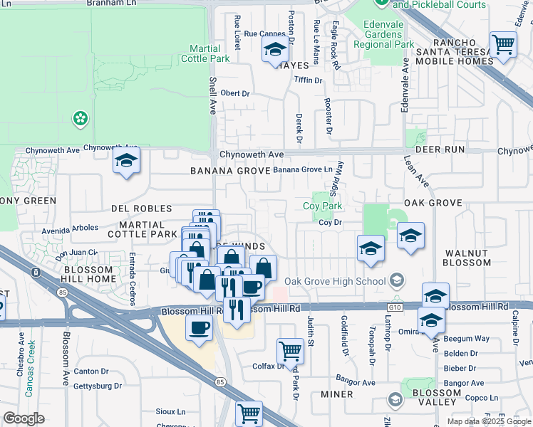 map of restaurants, bars, coffee shops, grocery stores, and more near 305 Tradewinds Drive in San Jose