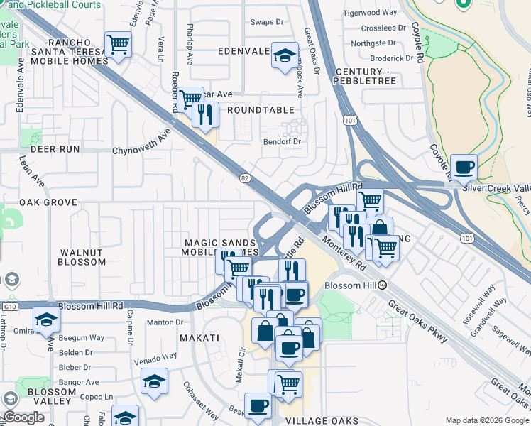 map of restaurants, bars, coffee shops, grocery stores, and more near 15 Cottle Road in San Jose