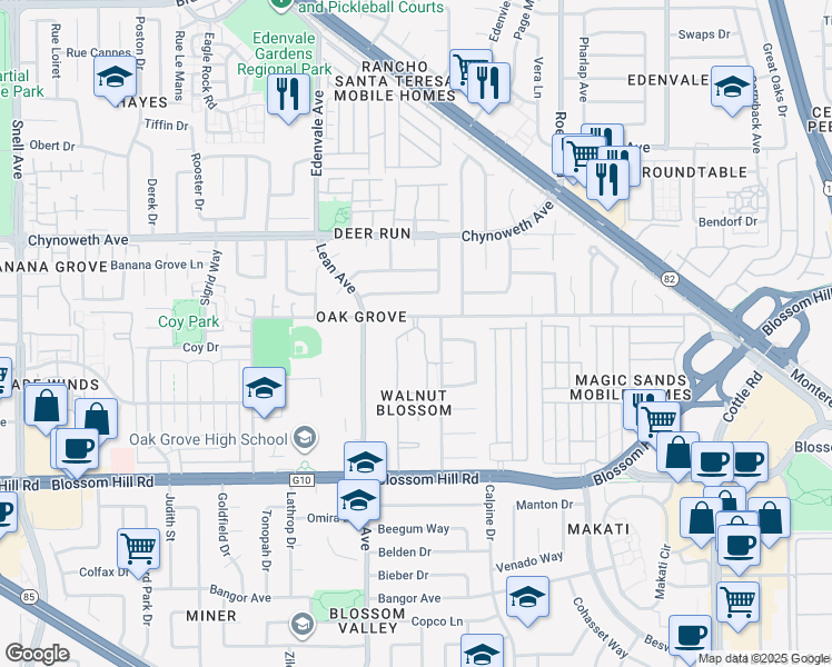 map of restaurants, bars, coffee shops, grocery stores, and more near 5432 Blossom Gardens Circle in San Jose