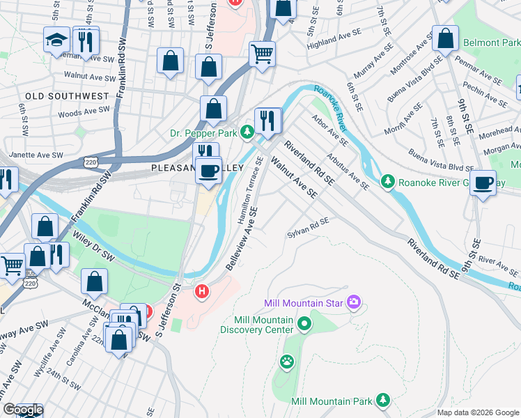 map of restaurants, bars, coffee shops, grocery stores, and more near 1339 Woodbine Street Southeast in Roanoke