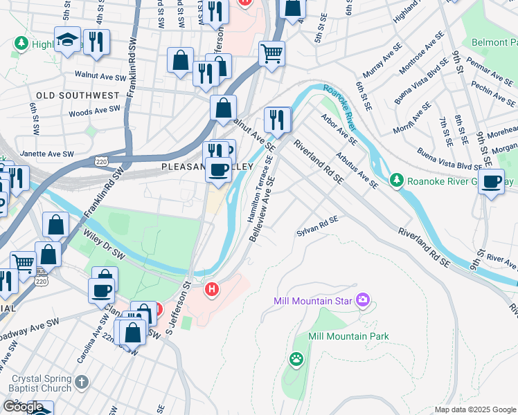 map of restaurants, bars, coffee shops, grocery stores, and more near 1337 Hamilton Terrace Southeast in Roanoke