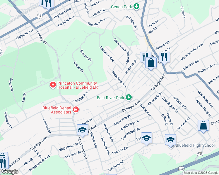 map of restaurants, bars, coffee shops, grocery stores, and more near 1322 Woodrow Avenue in Bluefield
