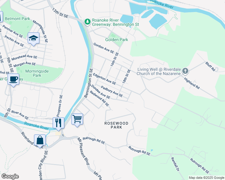 map of restaurants, bars, coffee shops, grocery stores, and more near 1706 Padbury Avenue Southeast in Roanoke