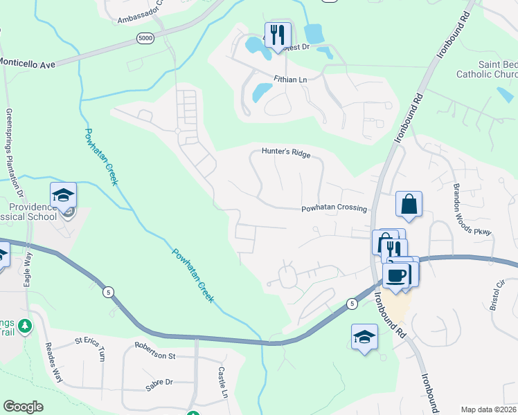 map of restaurants, bars, coffee shops, grocery stores, and more near 4469 Powhatan Crossing in Williamsburg