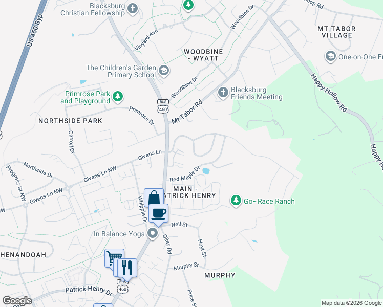 map of restaurants, bars, coffee shops, grocery stores, and more near 206 Mountain Breeze Drive in Blacksburg