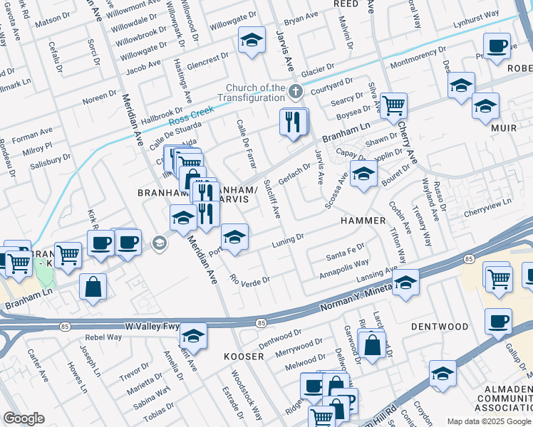 map of restaurants, bars, coffee shops, grocery stores, and more near 4840 Vía De Caballe in San Jose