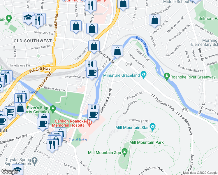 map of restaurants, bars, coffee shops, grocery stores, and more near 1337 Hamilton Terrace Southeast in Roanoke