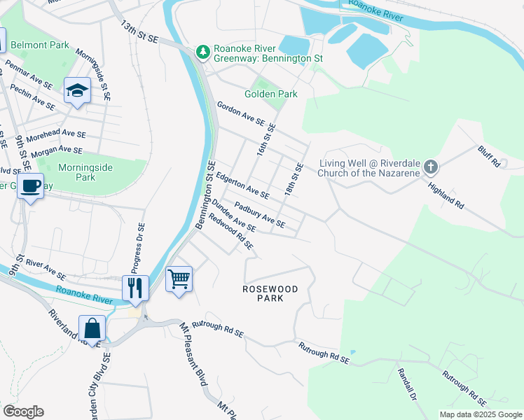 map of restaurants, bars, coffee shops, grocery stores, and more near 1706 Padbury Avenue Southeast in Roanoke