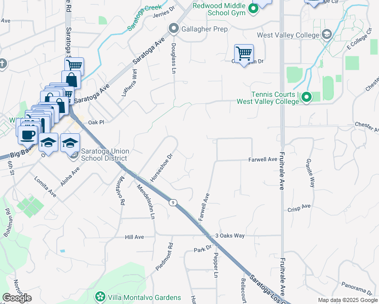 map of restaurants, bars, coffee shops, grocery stores, and more near 14582 Horseshoe Court in Saratoga