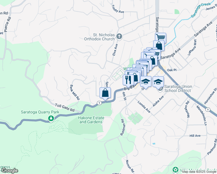 map of restaurants, bars, coffee shops, grocery stores, and more near 14664 Springer Avenue in Saratoga