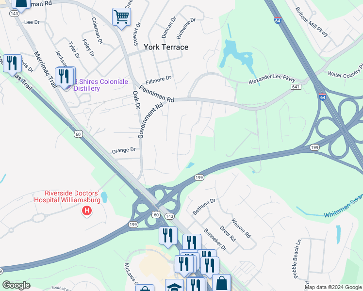 map of restaurants, bars, coffee shops, grocery stores, and more near 107 Linfoot Court in Williamsburg