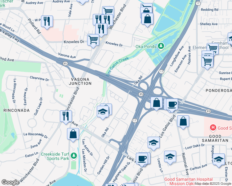 map of restaurants, bars, coffee shops, grocery stores, and more near 14685 Oka Road in Los Gatos