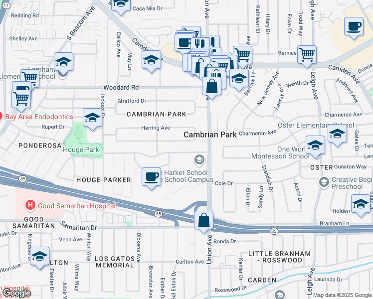 map of restaurants, bars, coffee shops, grocery stores, and more near 2055 Barrett Avenue in San Jose