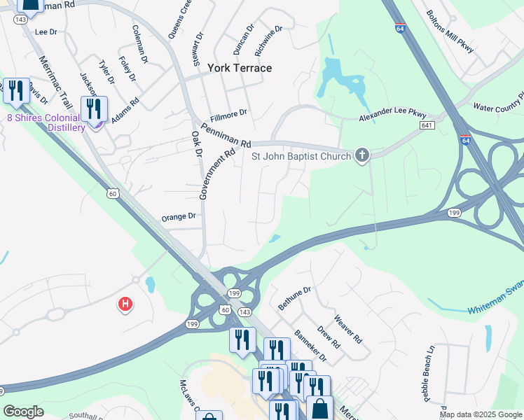 map of restaurants, bars, coffee shops, grocery stores, and more near 107 Linfoot Court in Williamsburg