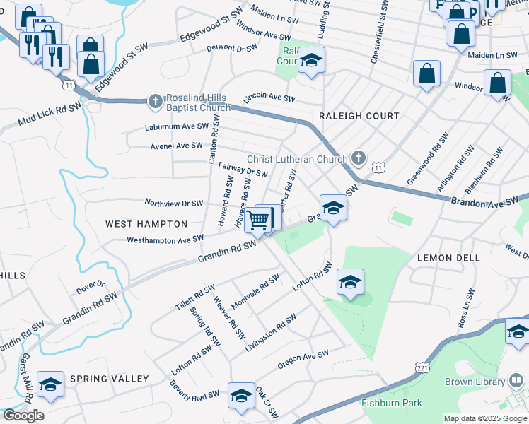 map of restaurants, bars, coffee shops, grocery stores, and more near 2352 York Road Southwest in Roanoke