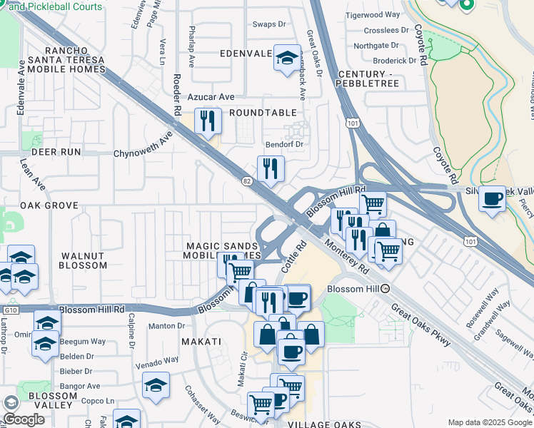 map of restaurants, bars, coffee shops, grocery stores, and more near 15 Cottle Road in San Jose
