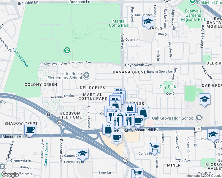 map of restaurants, bars, coffee shops, grocery stores, and more near 388 Avenida Palmas in San Jose