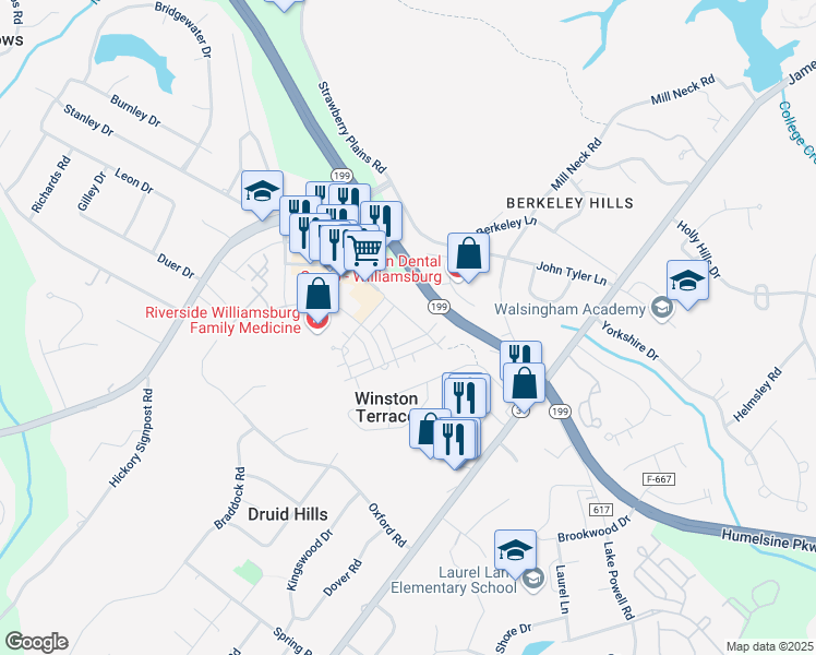 map of restaurants, bars, coffee shops, grocery stores, and more near 5304 John Tyler Highway in Williamsburg