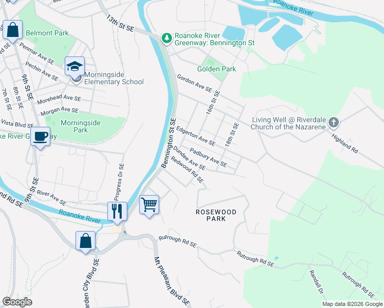 map of restaurants, bars, coffee shops, grocery stores, and more near 1701 Padbury Avenue Southeast in Roanoke