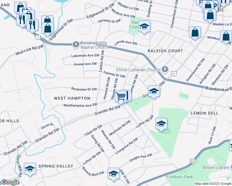map of restaurants, bars, coffee shops, grocery stores, and more near 2358 Idavere Road Southwest in Roanoke
