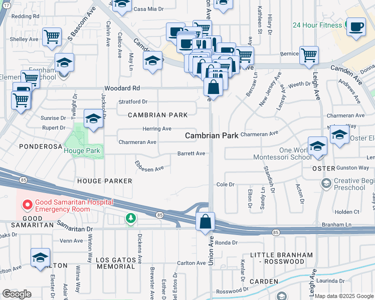 map of restaurants, bars, coffee shops, grocery stores, and more near 2055 Barrett Avenue in San Jose